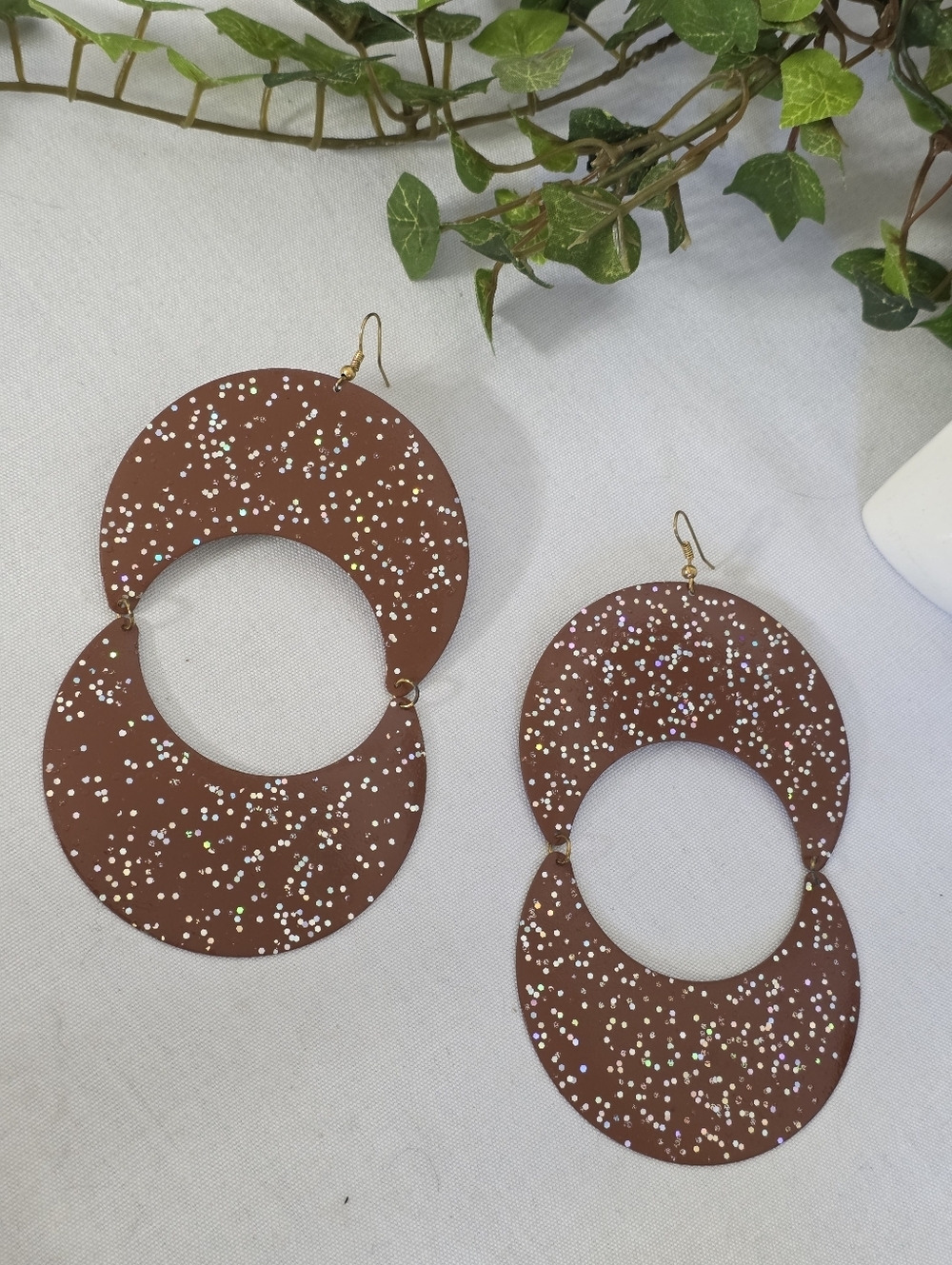 Oversized Brown & Holographic Glitter Cut-Out Statement Earrings